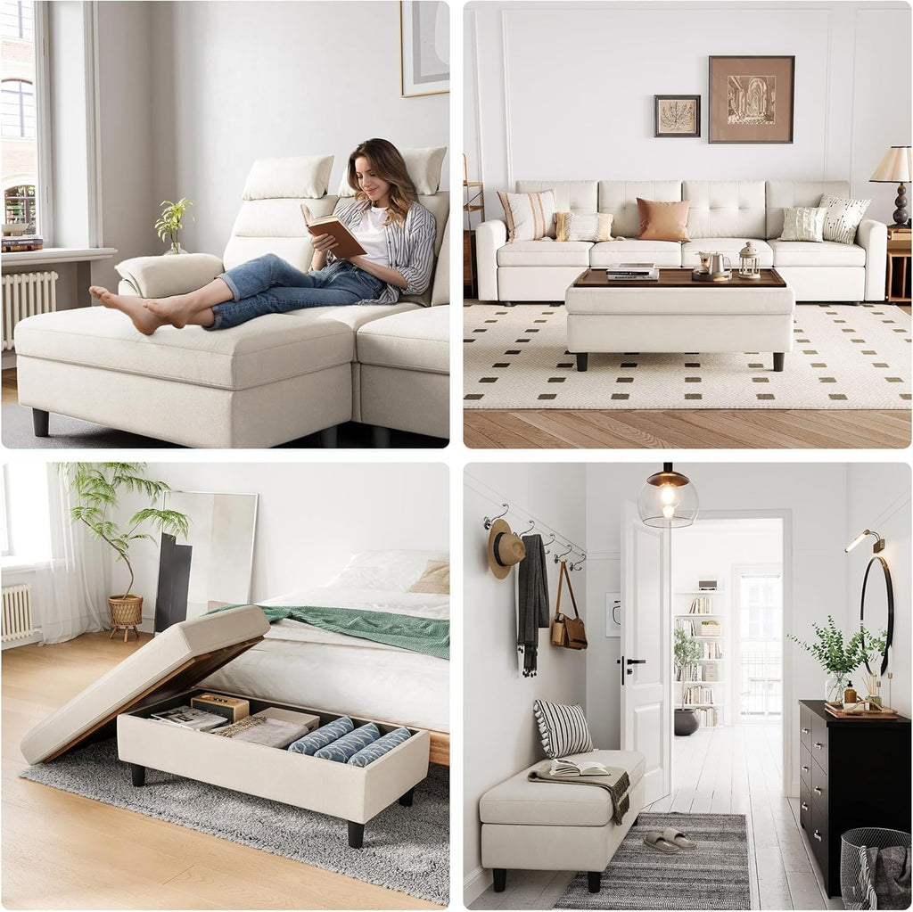 LINSY HOME 46 Inches Wide Storage Ottoman Bench, Linen Coffee Table Folding Long Shoes Bench Footstool, Storage Chest, Foot Rest Stool, for The Living Room, Entryway and Family Room(Beige)