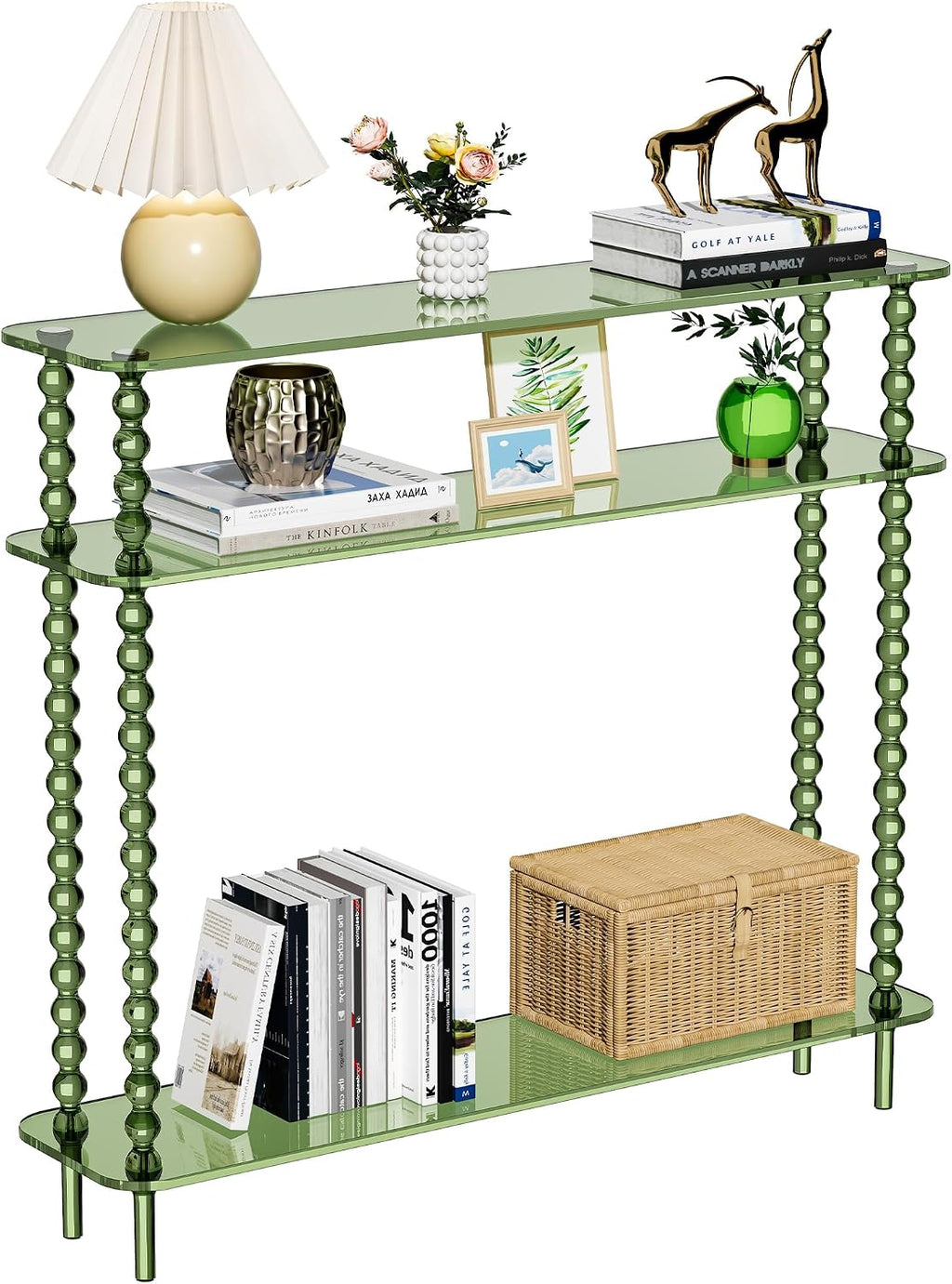 Acrylic Console Table Narrow, 3 Tier Long Entryway Table with Storage, Mid-Century Modern Sofa Table Entry Table for Living Room, Hallway (Green, 39.4“×9.4”×35.4“)