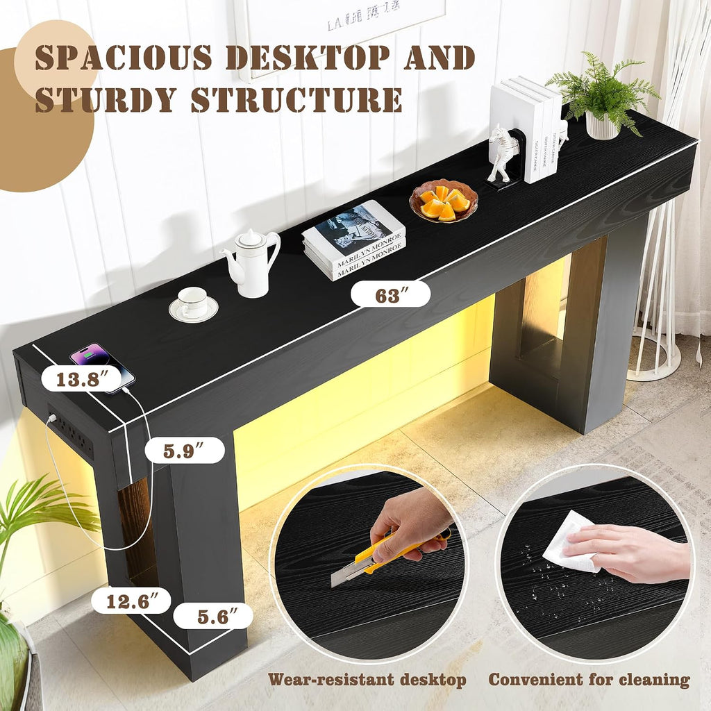 Grepatio Long Console Table with LED Light, 63 Inch Wood Entryway Table with USB Power Outlet, Narrow Sofa Behind Couch Table, Farmhouse Entry Tables for Entryway, Hallway, Living Room (LED Black)