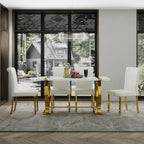 ACEDÉCOR Dining Table Set for 4, 5-Piece White and Gold Dining Set with 4 Faux Leather Dining Chairs, Modern Luxury Dining Room Table Set with Stainless Steel U-Shaped Base