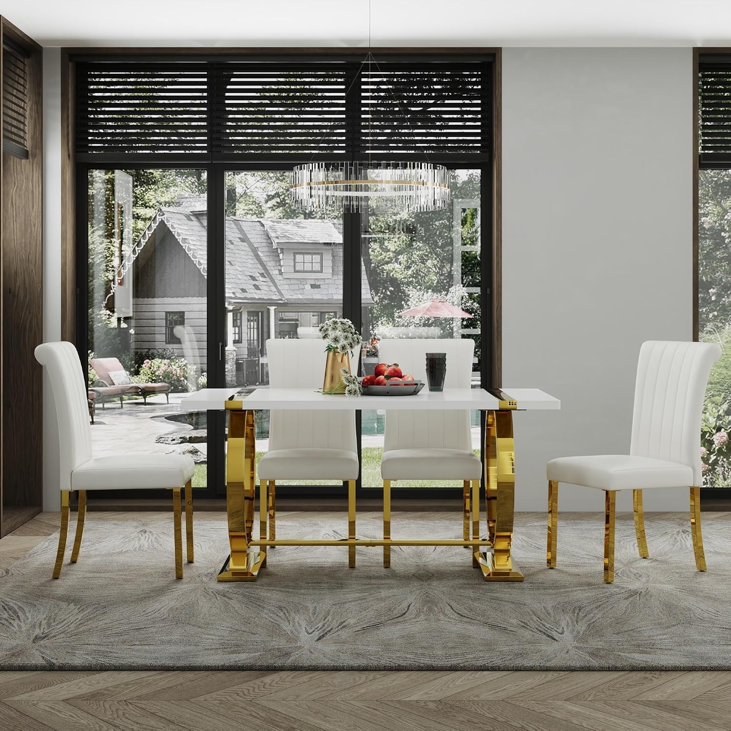 ACEDÉCOR Dining Table Set for 4, 5-Piece White and Gold Dining Set with 4 Faux Leather Dining Chairs, Modern Luxury Dining Room Table Set with Stainless Steel U-Shaped Base