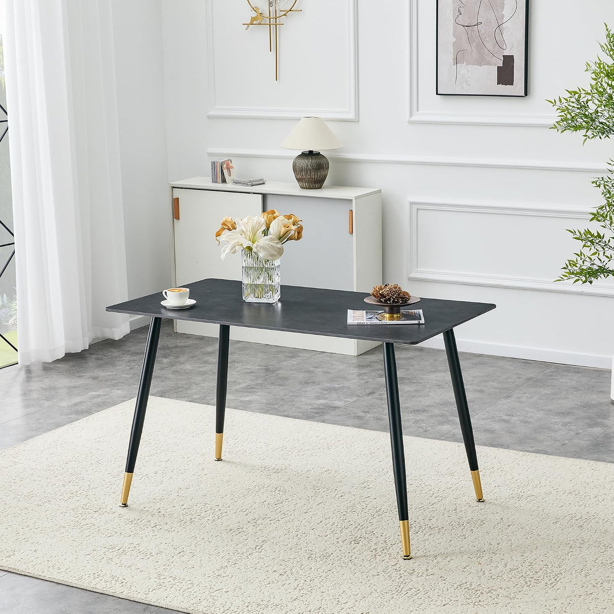 50 inch Sintered Stone Dining Table for 4, Modern Minimalist Kitchen Table with 0.43" Matte Black Sintered Stone Top & Tapered Metal Legs, Small Space Rectangular Table for Home, Kitchen, Apartment