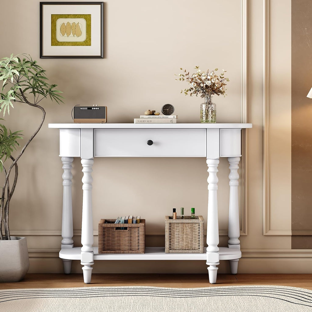 LKTART Solid Wood Corner-Curved Console Table,Farmhouse Space-Saving Entryway Sofa Table with Drawer & Open Shelf for Living Room,Hallway,Foyer(White 36")