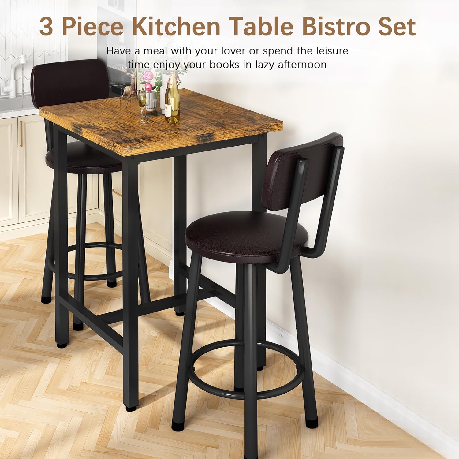 Recaceik 3 Piece Pub Dining Set, Modern bar Table and Stools for 2 Kitchen Counter Height Wood Top Bistro Easy Assemble for Breakfast Nook Living Room Small Space Restaurant, Rustic Brown 24”