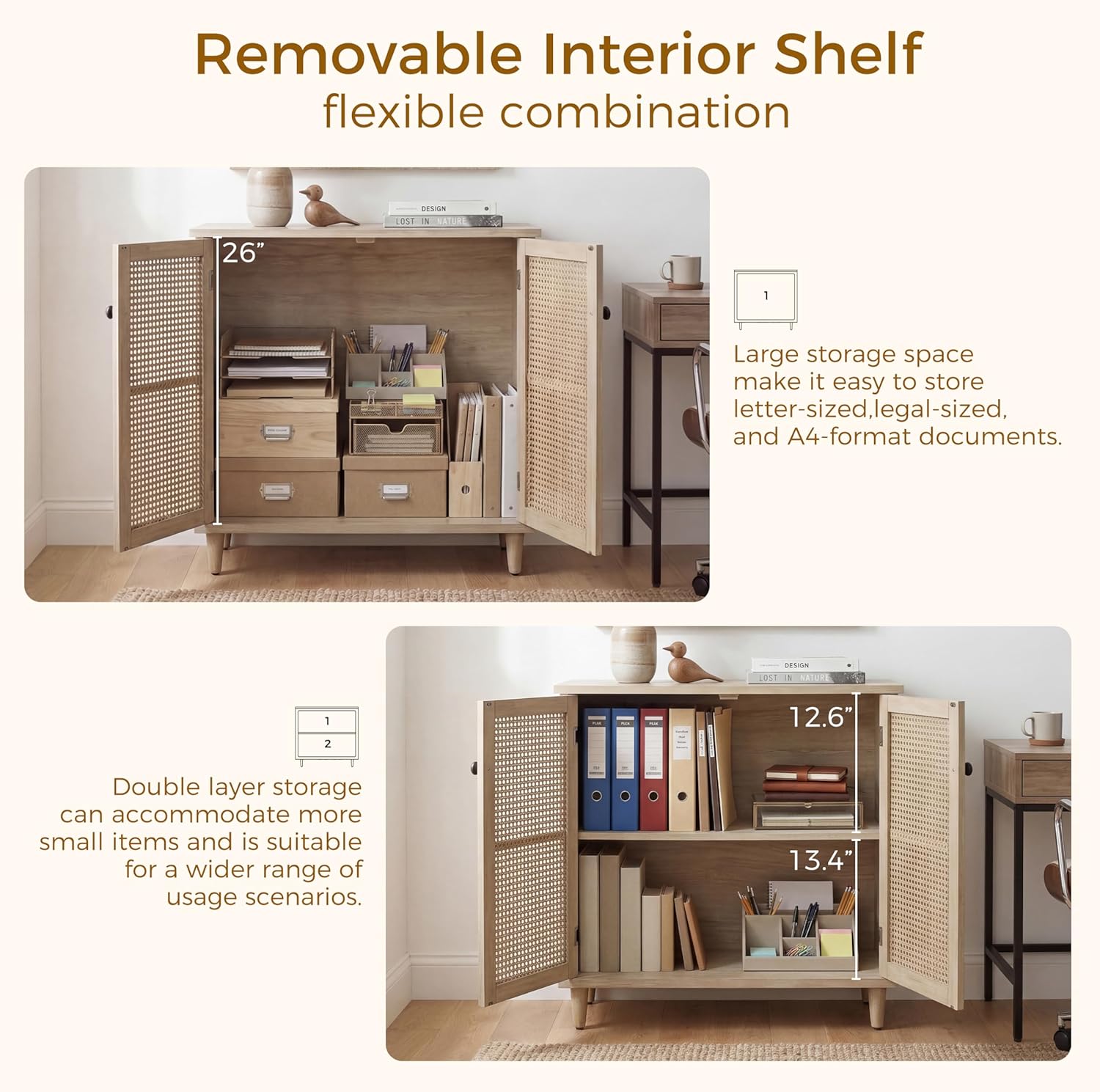 Fat Ant Buffet Cabinet with Storage, Rattan Sideboard Cabinet with 2 Magnetic Doors and Shelves, Kitchen Sideboard Accent Cabinet for Hallway, Entryway, Living Room, Kitchen, Natural