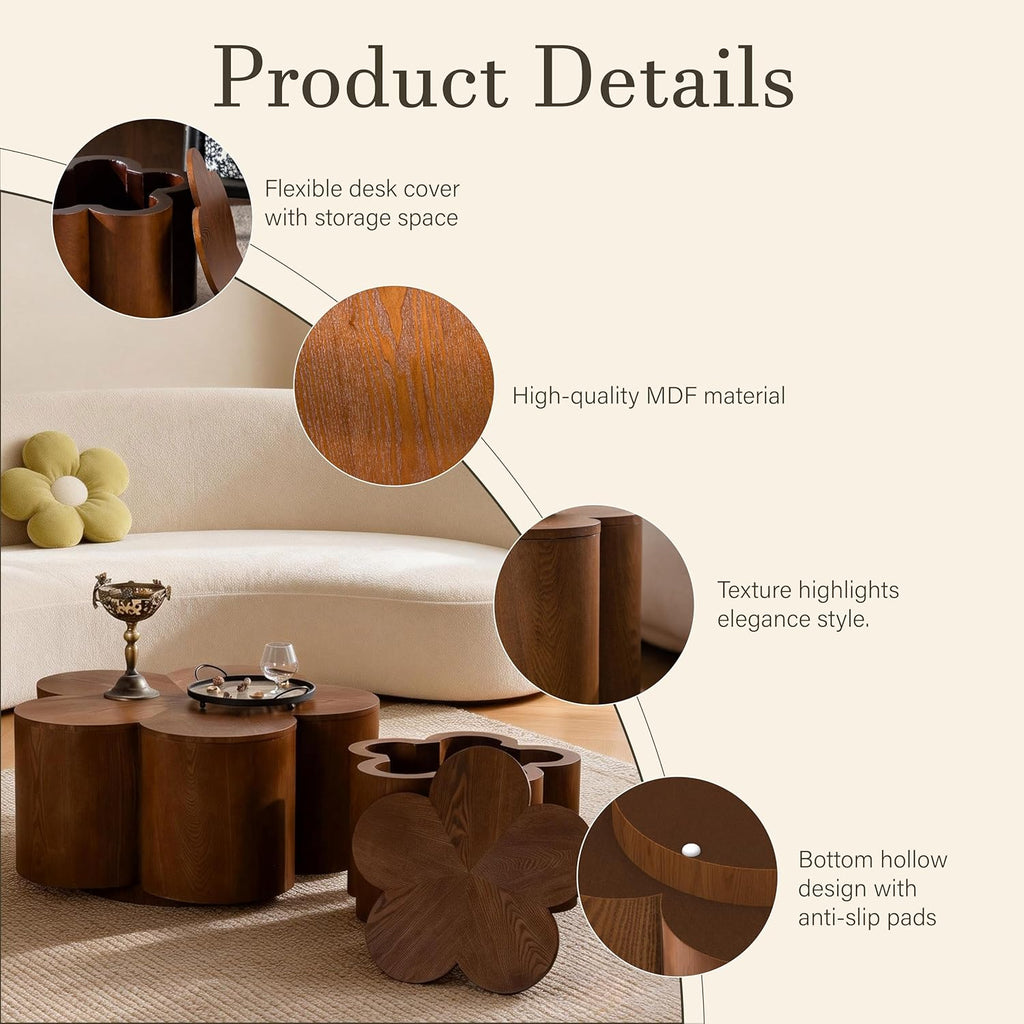 Modern Nesting Coffee Tables Woody Grooved Tea Table Space Saving Center End Side Tables for Living Room Apartment Office Library Cafe Walnut
