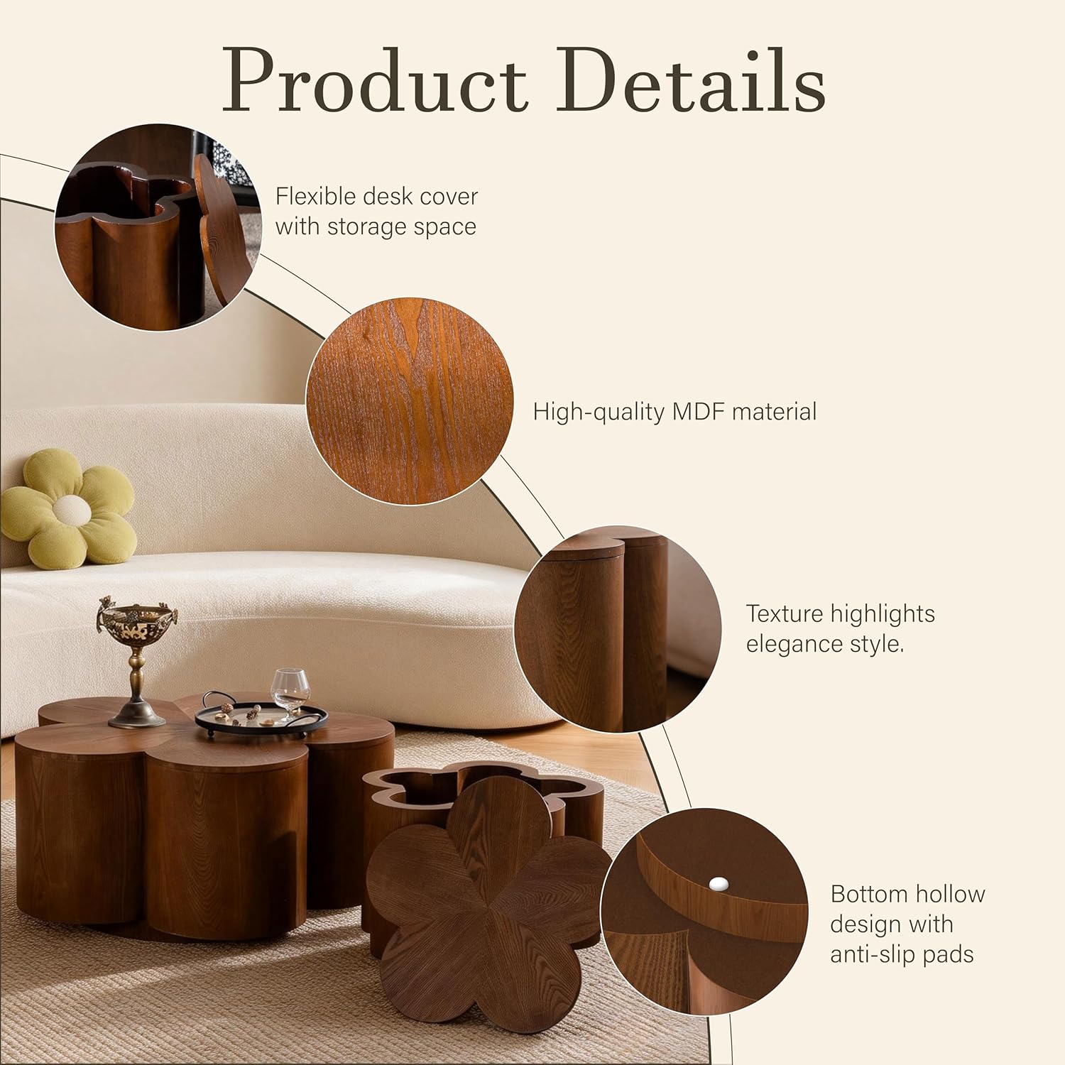 Modern Nesting Coffee Tables Woody Grooved Tea Table Space Saving Center End Side Tables for Living Room Apartment Office Library Cafe Walnut
