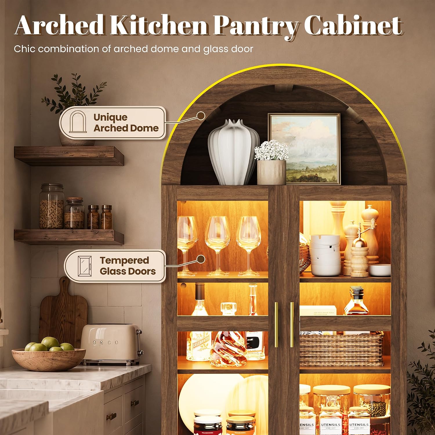 Pamapic Arched Kitchen Pantry Cabinet, 71" Tall Arched Cabinet with LED Light & Glass Doors, Farmhouse Kitchen Storage Cabinet with 2 Large Drawers, Wooden Pantry for Dining Room, Living Room (Brown)