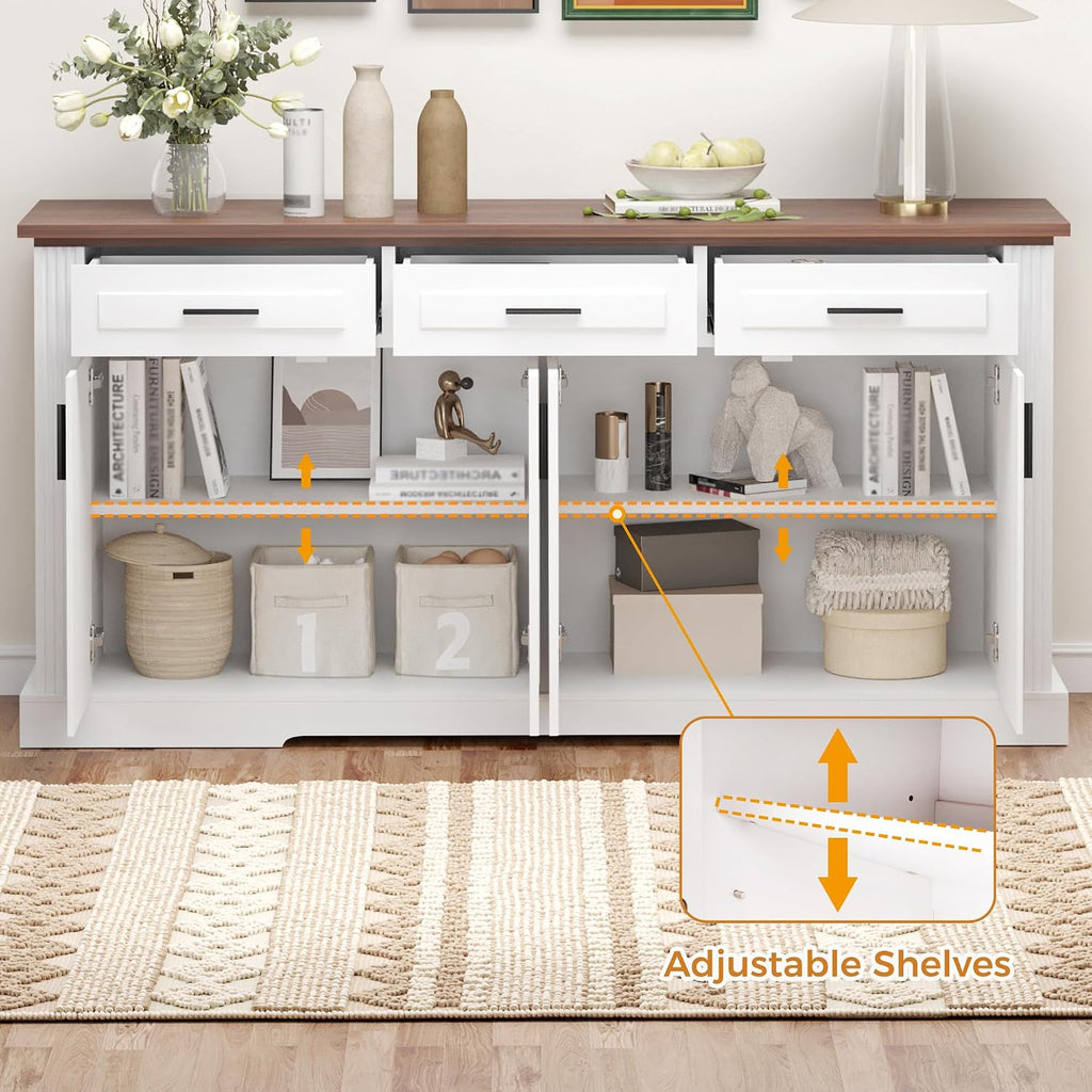Modern Freestanding Storage Cabinet with Drawers Shelves and Countertop, Buffet Sideboard for Kitchen Living Room Entryway Office Coffee Bar (White-3 Drawer)