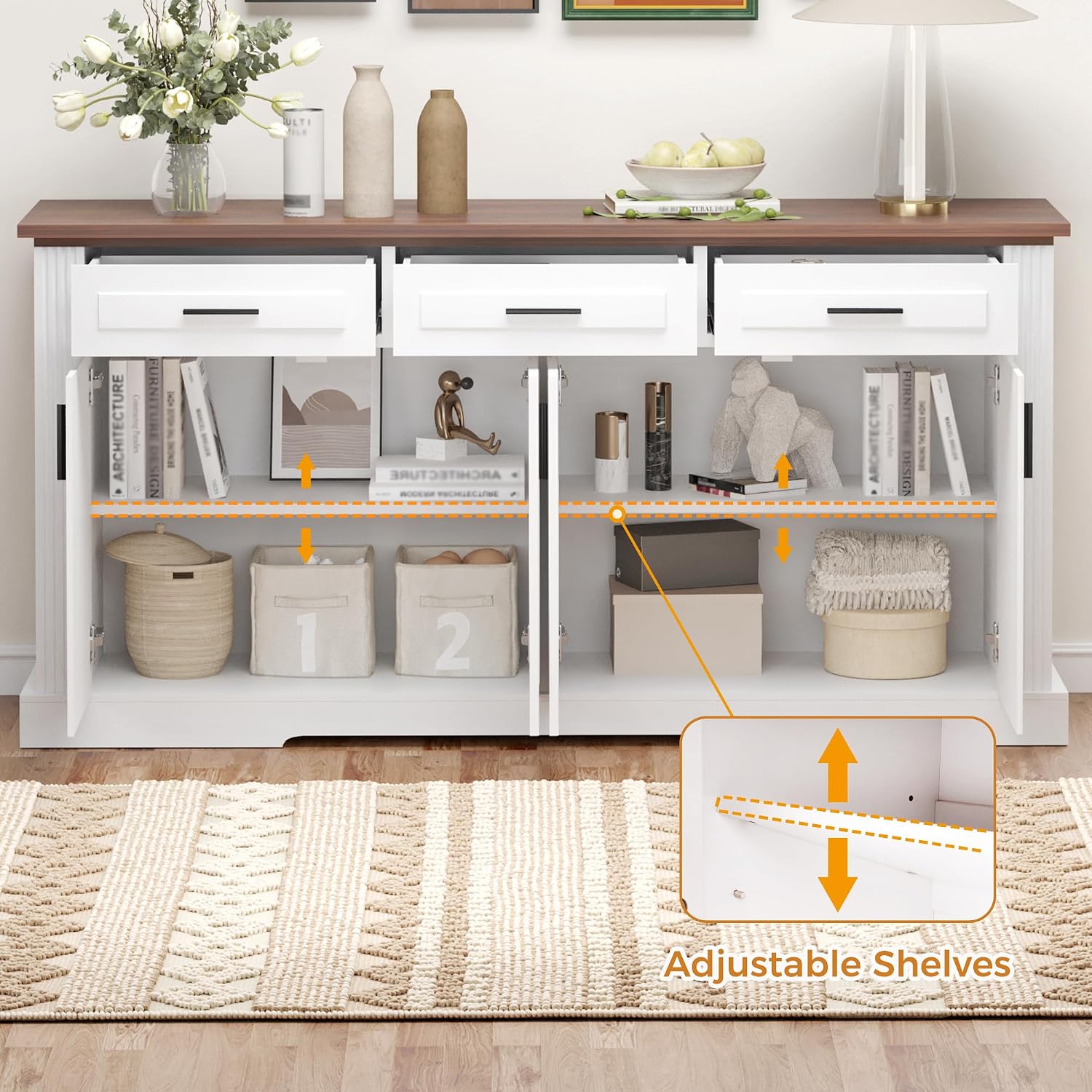 Modern Freestanding Storage Cabinet with Drawers Shelves and Countertop, Buffet Sideboard for Kitchen Living Room Entryway Office Coffee Bar (White-3 Drawer)