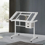 Rolling Drafting Table on Wheels, Painting Table Art Craft Desk Crafting Table with Tilting Transparent Tempered Glass Top, 2 Fabric Storage Drawers and 4 Wheels (White)