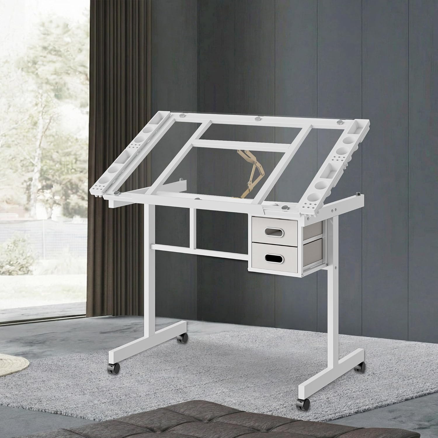 Rolling Drafting Table on Wheels, Painting Table Art Craft Desk Crafting Table with Tilting Transparent Tempered Glass Top, 2 Fabric Storage Drawers and 4 Wheels (White)