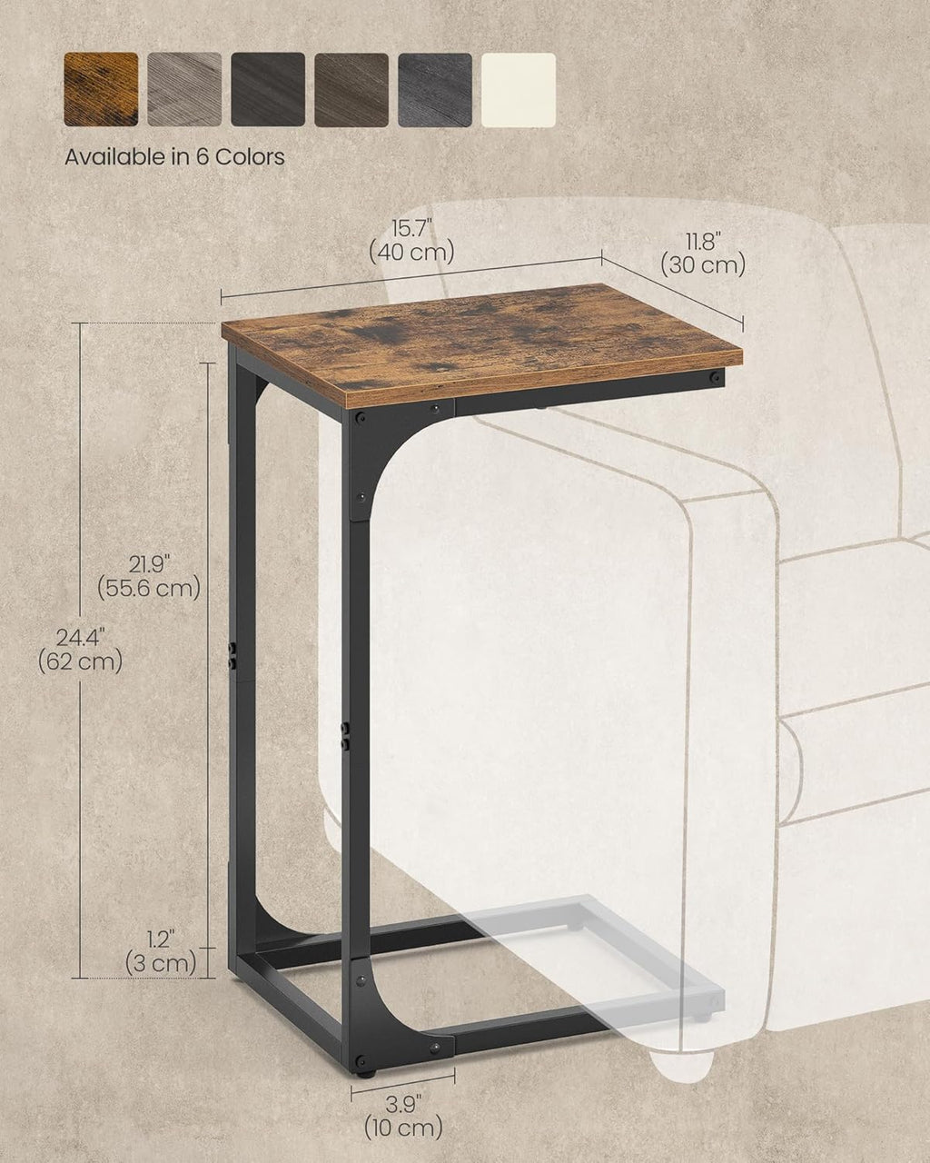VASAGLE C-Shaped End Table, Small Side Table for Couch, Sofa Table with Metal Frame for Living Room, Bedroom, Bedside, Rustic Brown and Black