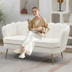 59" Small Loveseat Sofa 2-Seater, Modern Chenille Couch with Gold Metal Legs & Floral Backrest, Compact Apartment Sofa for Living Room, Bedroom, Office, Dorm (Boucle, Ivory)