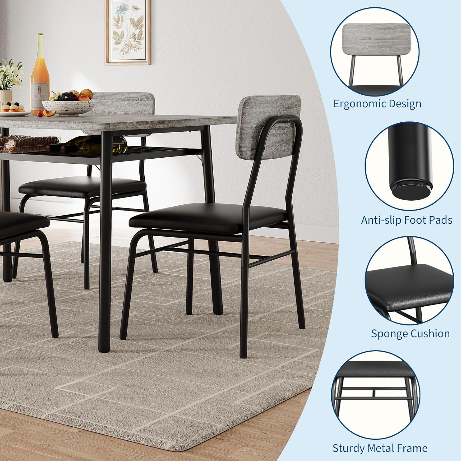IDEALHOUSE Small Dining Table Set for 2, 3-Piece Dining Set with Storage Rack, Wood Kitchen Table with Upholstered Chairs, Square Table Set with Metal Legs Support, for Dining Room, Living Room, Grey