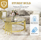 Round Glass Coffee Table Set of 3, Gold and Clear Modern Living Room Table Set, Includes 1 Coffee Table, 2 End Tables, Gold Stainless Steel Base Tempered Glass Top, Luxury Furniture for Home Office