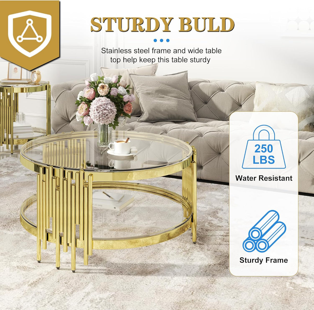 Round Glass Coffee Table Set of 3, Gold and Clear Modern Living Room Table Set, Includes 1 Coffee Table, 2 End Tables, Gold Stainless Steel Base Tempered Glass Top, Luxury Furniture for Home Office