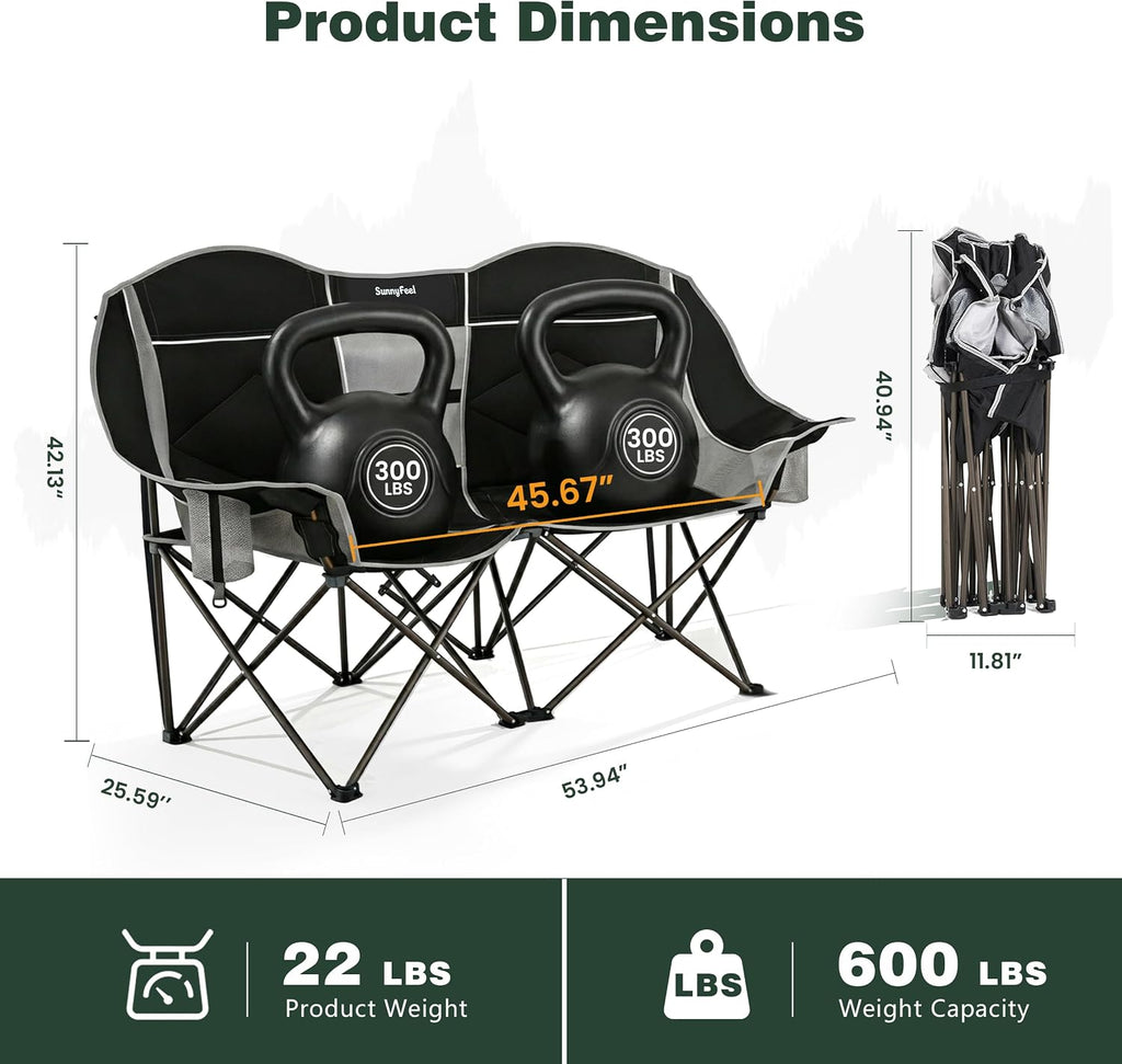 SUNNYFEEL Double Camping Chair Portable Folding Loveseat for 2 Adults Heavy Duty Oversized Camping Couch 600 lbs with Cup Holders & Storage for Outdoor Camping, Beach, Lawn, Patio RV & Indoor Use
