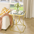 19.68" Square End Table with Tempered Glass Top, Stylish X-Shaped Metal Frame, Living Room Coffee Table, Sofa Side Table, Accent Tables for Small Spaces, Modern Bedside Table (Gold)