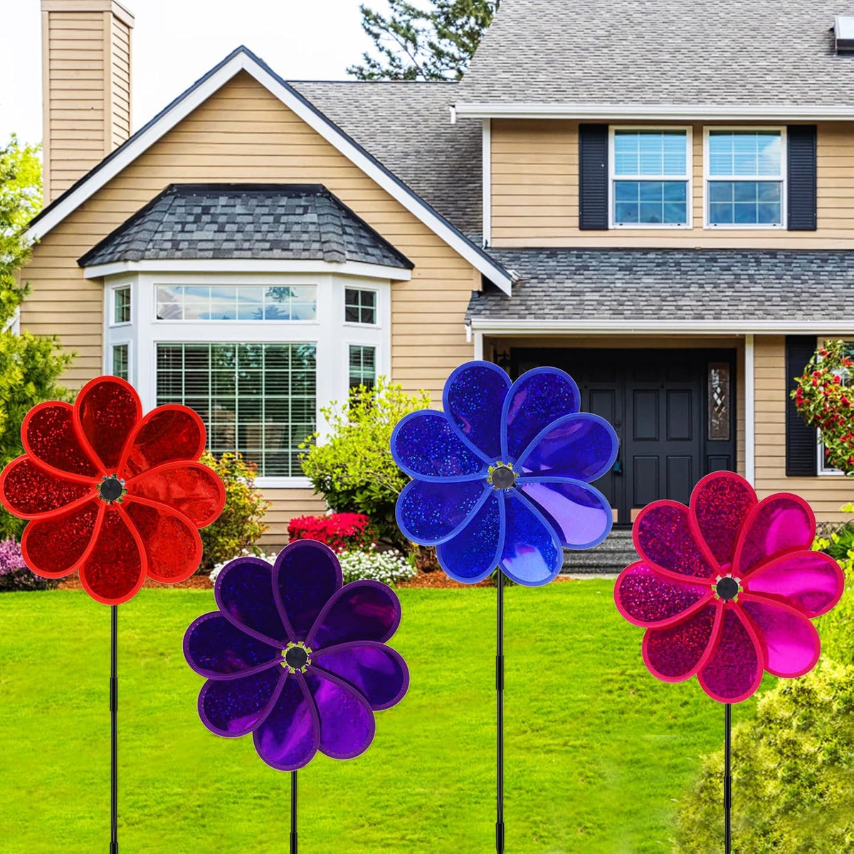 4PCS Flower Wind Spinner Sparkly Lawn Pinwheel 11.8 inch Colorful Rainbow Garden Windmill for Garden, Party, Outdoor, Yard Decor