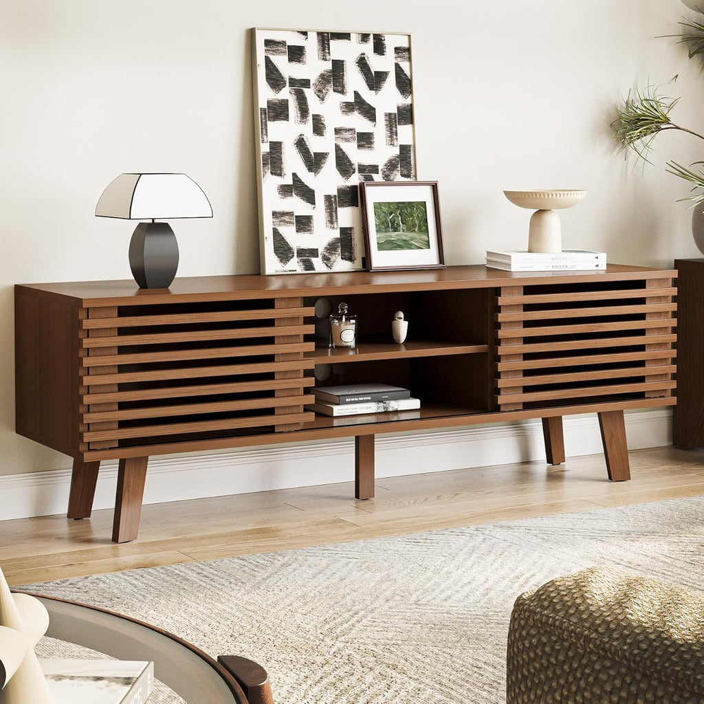 MAISONARIA Living Room Table Sets of 4, Mid Century Coffee Table & TV Stand & End Table Set of 2, Sliding Door Coffee Table and TV Stand with Storage, Modern End Table for Living Room, Walnut