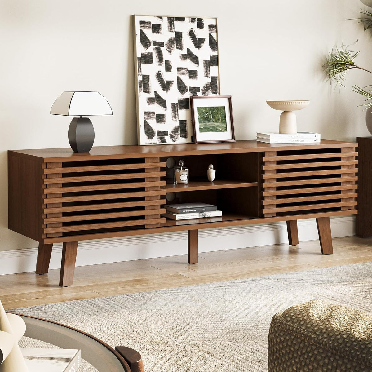 MAISONARIA Living Room Table Sets of 4, Mid Century Coffee Table & TV Stand & End Table Set of 2, Sliding Door Coffee Table and TV Stand with Storage, Modern End Table for Living Room, Walnut