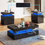 AMERLIFE High Gloss 3 Pieces Living Room Table Set, Modern LED Coffee Table Sets of 3, 2-Tier Center Table with 2 End Side Tables, LED Lights Bedside Table Nightstands with Charging Station, Black