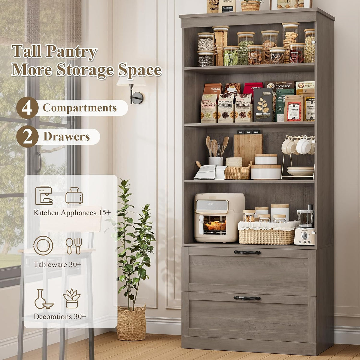 HOSTACK 70" Tall Kitchen Pantry Storage, Barn Doors Pantry Cabinet with Drawers and Adjustable Shelf, Modern Farmhouse Storage Cabinet for Kitchen, Dining Room, Living Room, Bathroom, Ash Grey