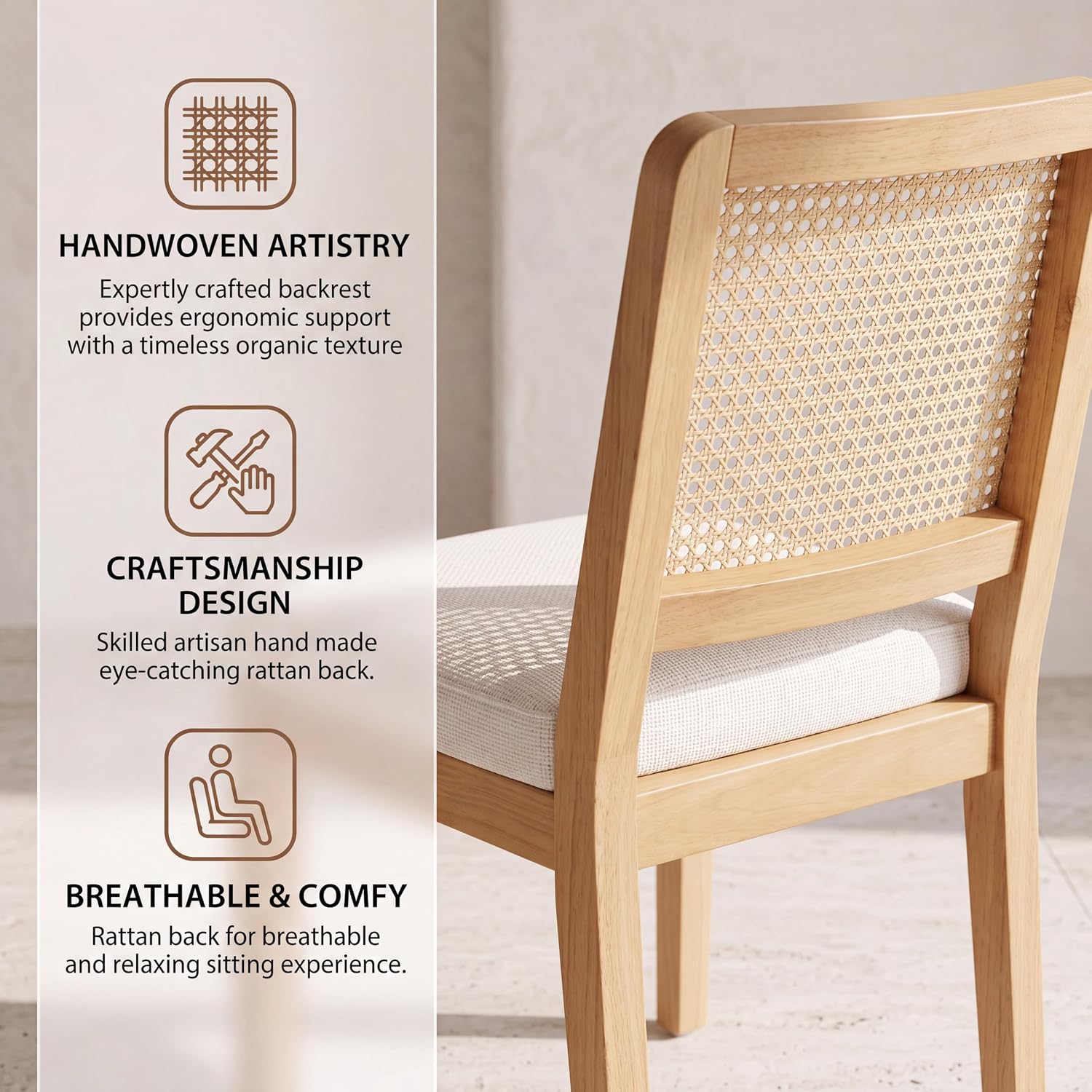 HNY Modern Farmhouse Rattan Dining Chairs Set of 4 Beige Chenille Upholstered Dining Room Chair with Cane Back Mid Century Natural Wood Kitchen Chairs, Boho Accent Wicker Woven Chairs for Living Room