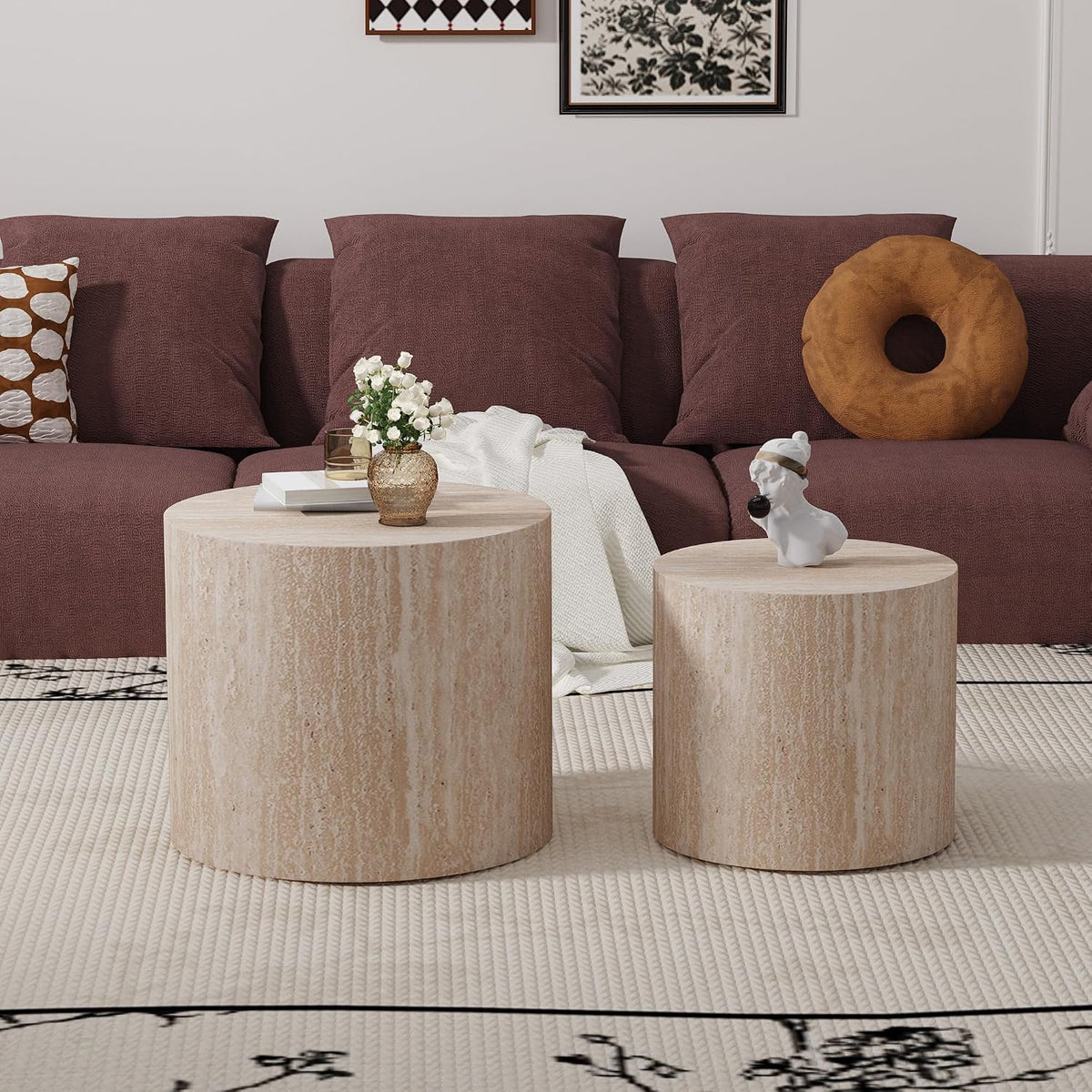 WXFKLDJ Round Nesting Coffee Table Set of 2, Wood Side Table, Travertine | Modern Handcraft Drum Coffees Table, Farmhouse Style End Table, for Living Room Small Spaces, No Assembling
