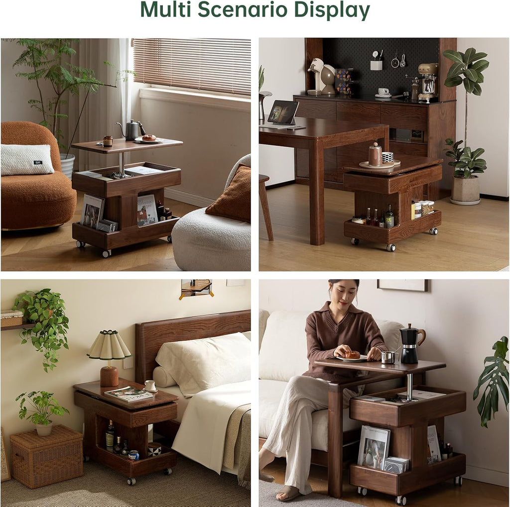 100% Solid Wood Lift Top End Table with Swivel Top, Sofa Couch Table with Wheels, Small Bedside Table for Living Room, Recliner and Small Places(Walnut, Fully Assembled Furniture)