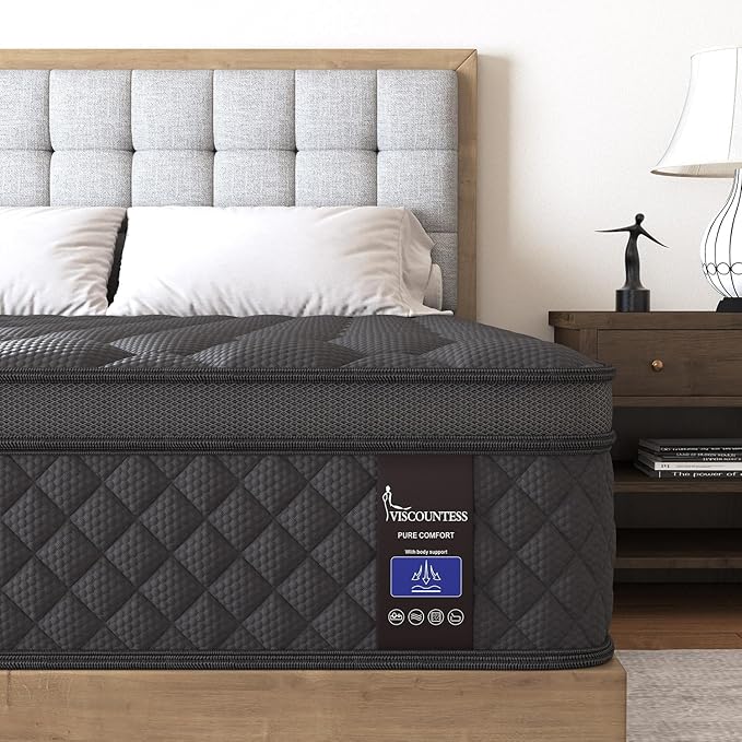 Queen Mattress, 12 Inch Hybrid Mattresses Black, Euro Top Medium Firm for Back & Lumbar Support, 100 Night Trial, Individual Pocket Spring for Motion Isolation & Pressure Relief