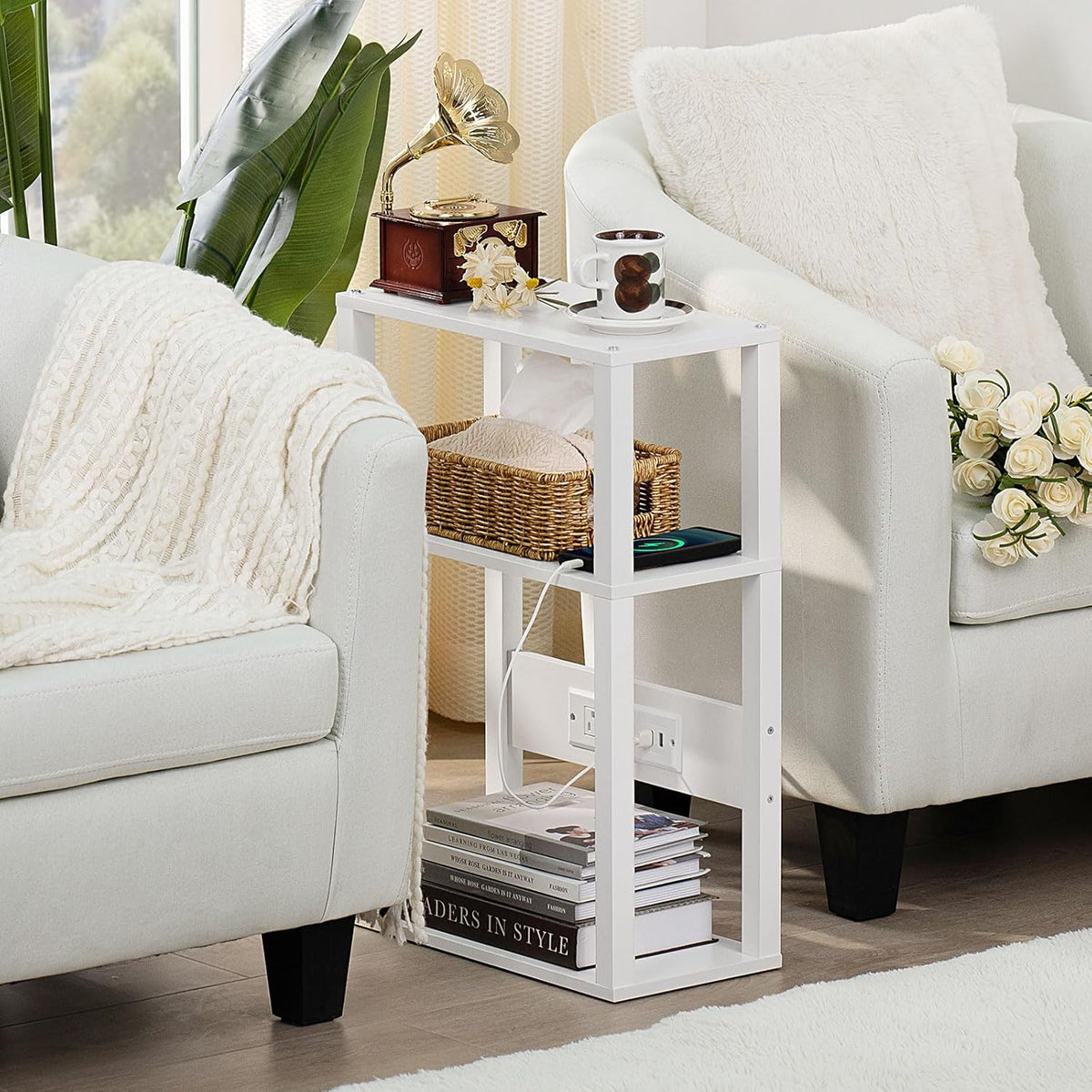 YUFAM 3-Tier Small Narrow Wood Side Table with Charging Station, Skinny Nightstand for Small Space, Slim Bedside Table with Storage for Couch, Thin End Table with USB Ports and Outlets, White