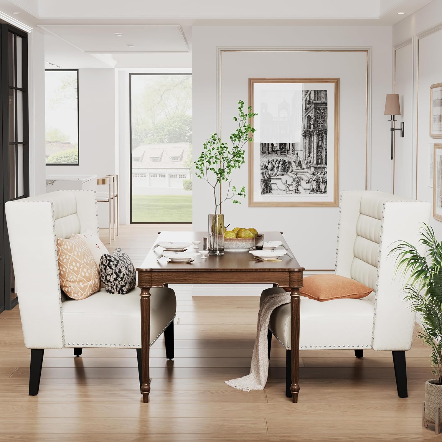 Andeworld Modern Loveseat Settee Bench Sofa Couch, Upholstered Banquette Dining Bench with Back for Dining Living Room Hallway or Entryway Seating,White