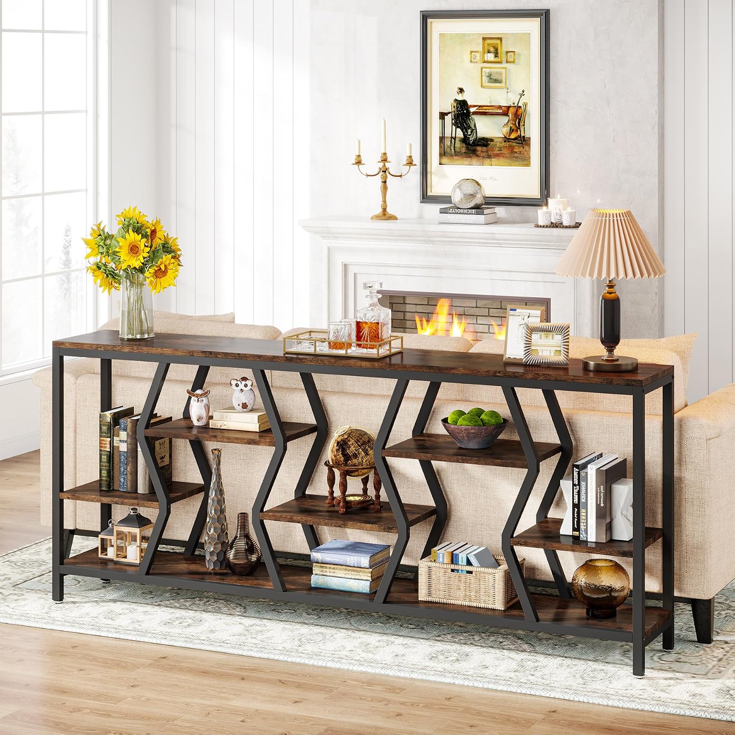 Tribesigns 70.9" Sofa Console Table with Storage Shelves (Rustic Brown) | 4 Tier Industrial Extra-Long Narrow Entryway Accent Tables for Hallway, Living Room, Foyer