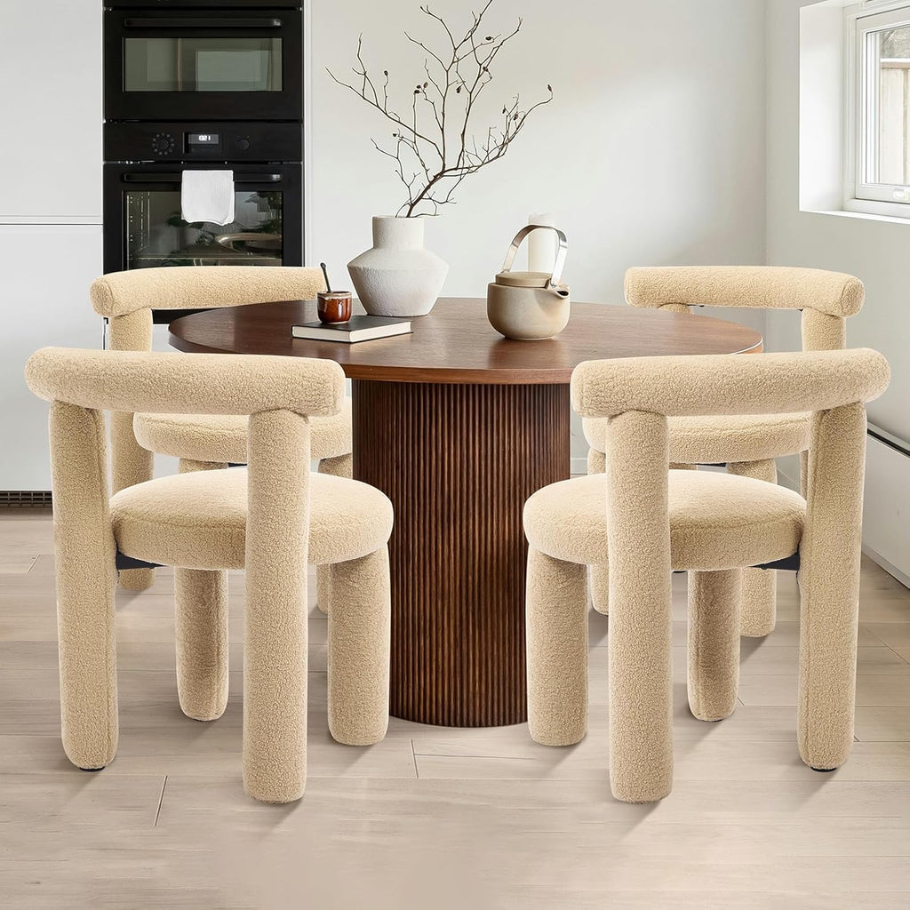 Modern Sherpa Dining Chair Set of 2, Camel | Soft Boucle Upholstery, Curved Back, for Kitchen Dining Room, Plush Padded Seat, Space Saving Side Chairs, for Living Room