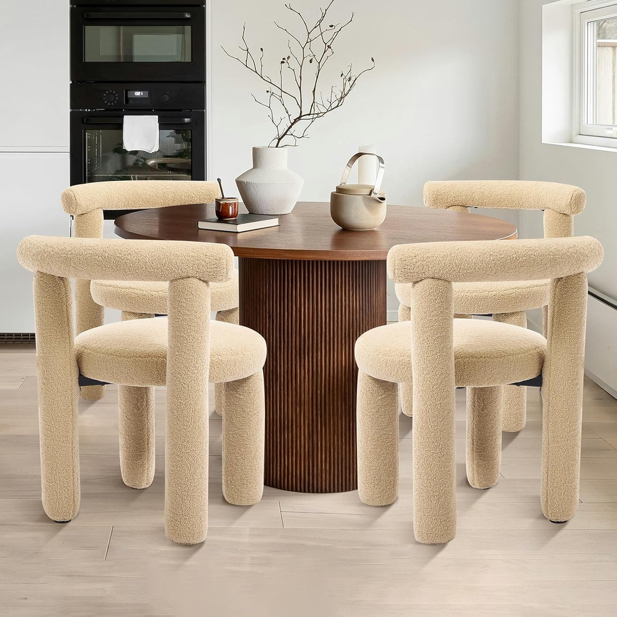 Modern Sherpa Dining Chair Set of 2, Camel | Soft Boucle Upholstery, Curved Back, for Kitchen Dining Room, Plush Padded Seat, Space Saving Side Chairs, for Living Room