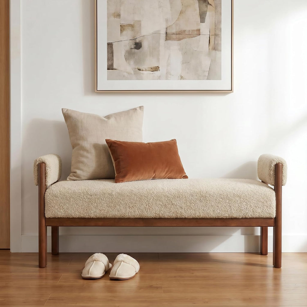 VKNOW 51.8”End of Bed Bench Upholstered Bedroom Bench with Arms, Brown | Solid Rubberwood Legs, Soft Fabric, Thickened seat cushion, Bedroom Living Room Entryway Dressing Areas, Easy to Assemble