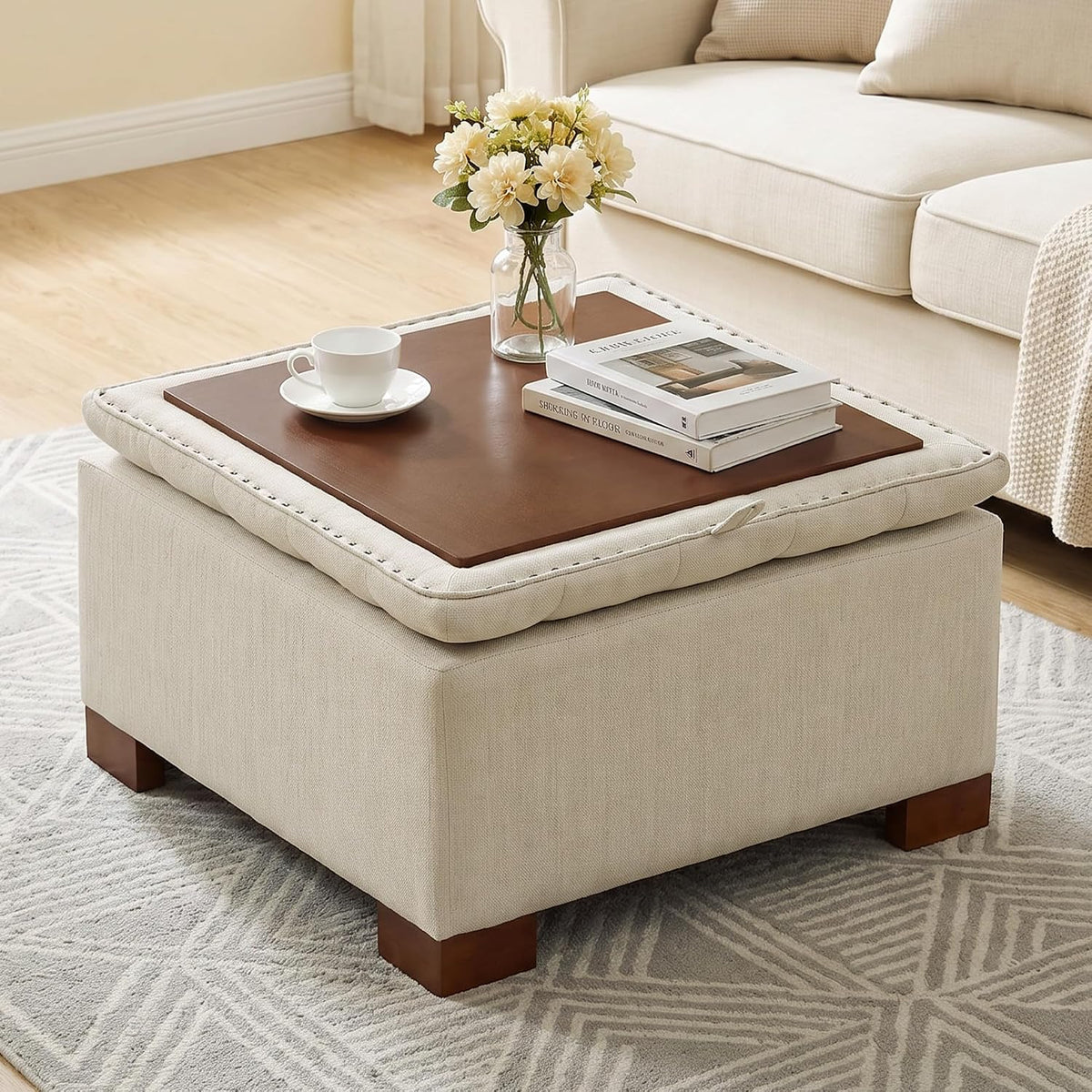 30 Inch Square Storage Ottoman Coffee Table, Modern Tufted Upholstered Ottoman with Flip Tray and Solid Wood Legs, Suitable for Living Rooms, Linen Khaki
