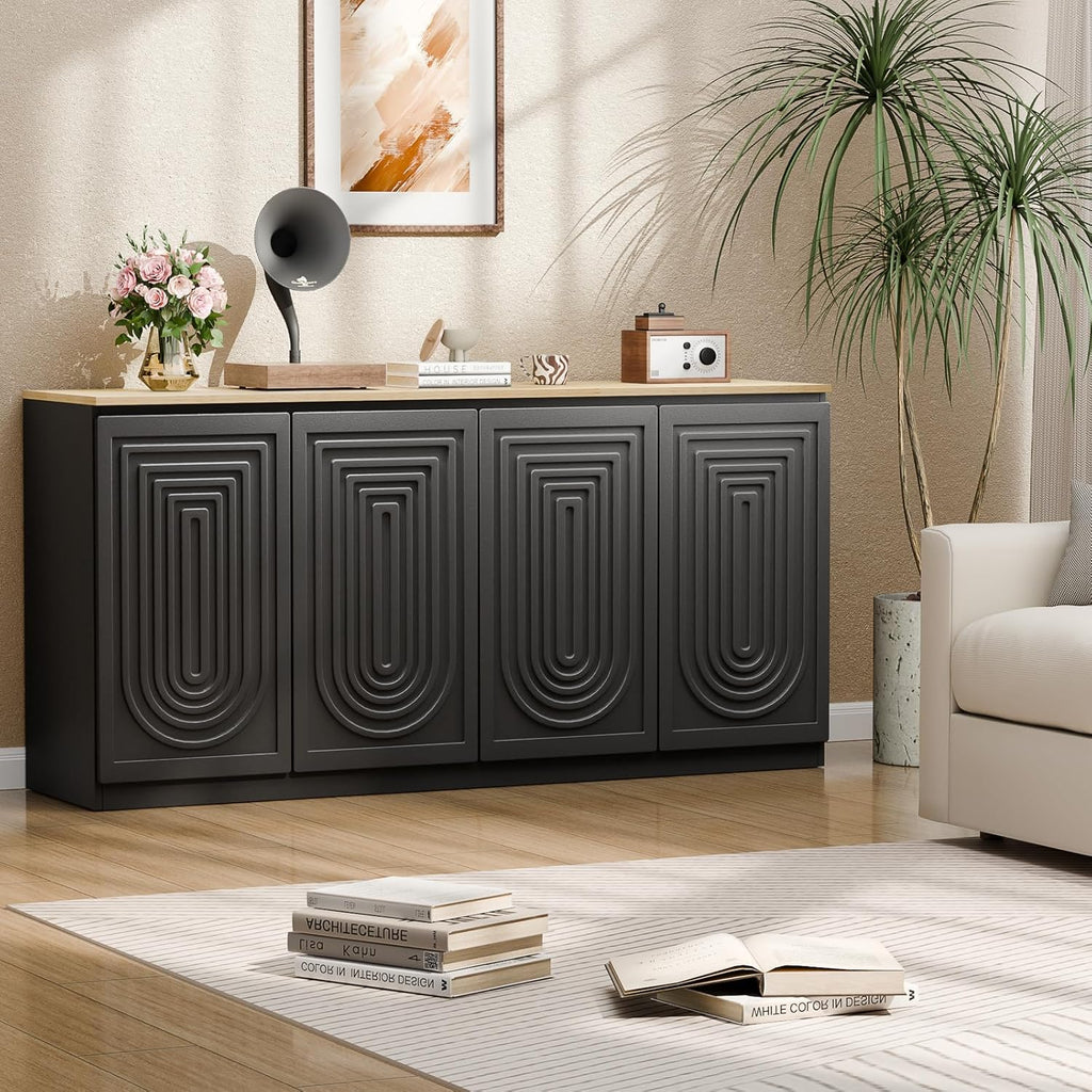 63" Fluted Sideboard Buffet Cabinet with Storage,Large Modern Accent credenza storage cabinet with Doors & Adjustable Shelves,Wood Coffee Bar Table Console for Dining Room Kitchen Living Room Entryway