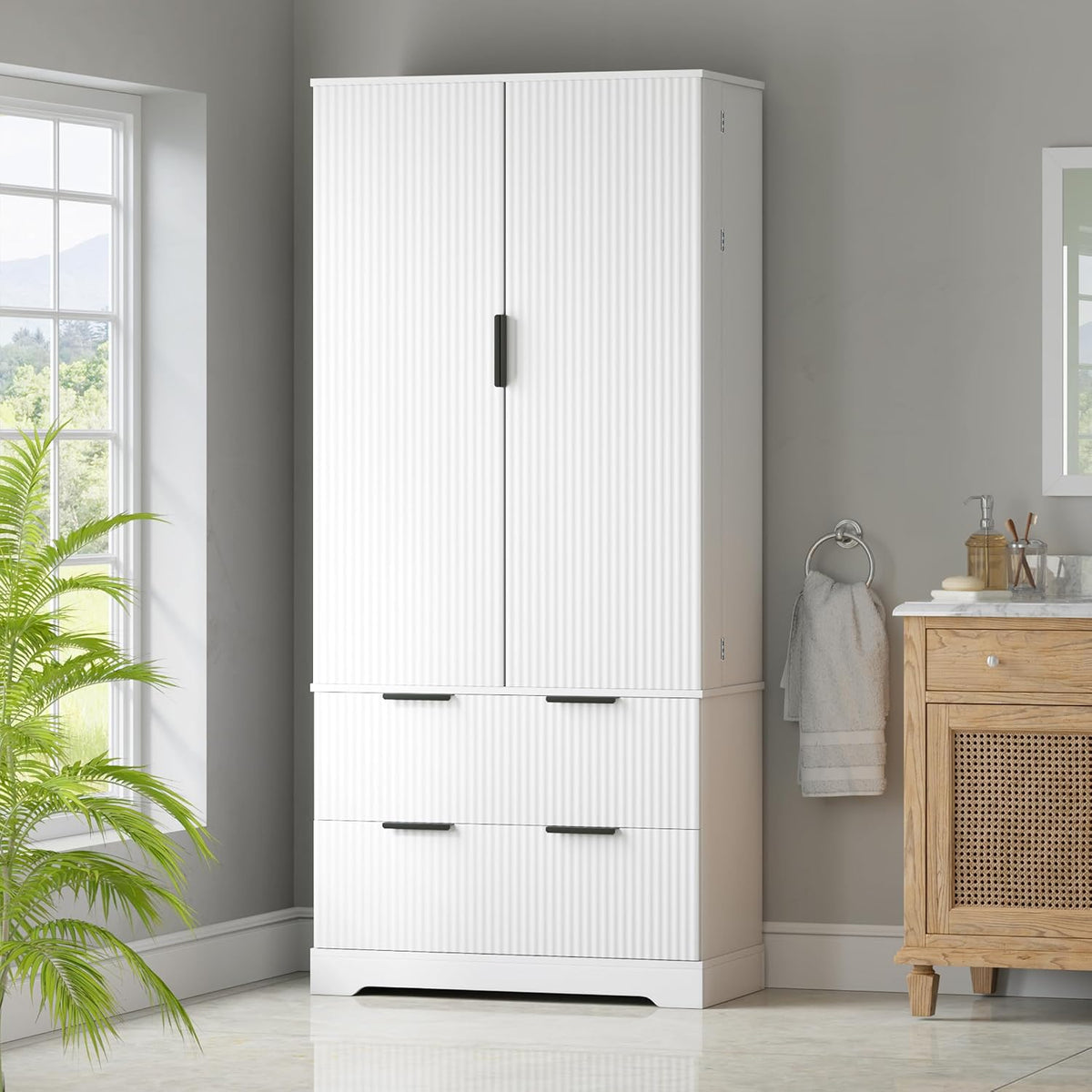 roomfitters 72" Tall Fluted Kitchen Pantry Cabinet with 2 Large Deep Drawers & 8 Door Spice Racks, White