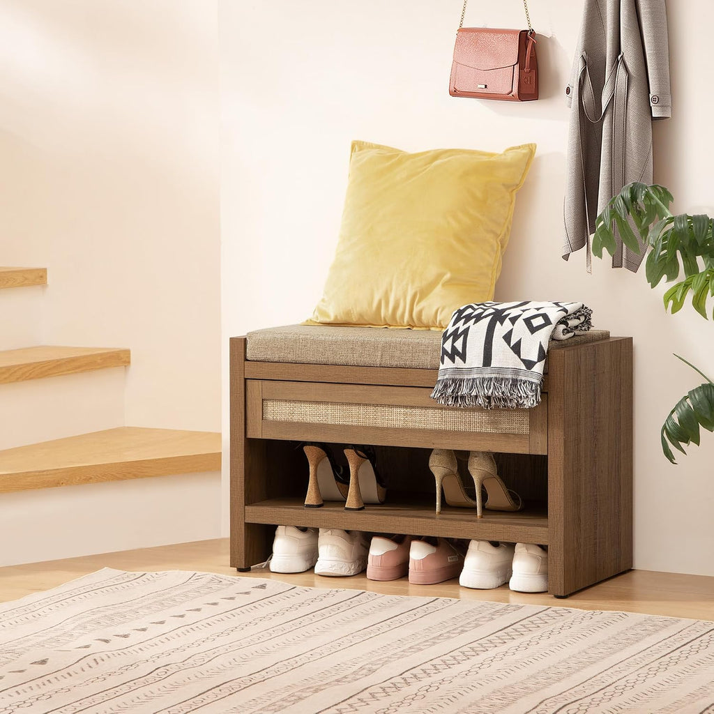 SICOTAS Rattan Shoe Bench Entryway Bench with Storage Drawer, Linen Cushion | Farmhouse Boho Shoe Rack with Shelf, Wooden Storage Bench for Entryway Hallway and Bedroom, Caramel Oak