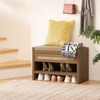 SICOTAS Rattan Shoe Bench Entryway Bench with Storage Drawer, Linen Cushion | Farmhouse Boho Shoe Rack with Shelf, Wooden Storage Bench for Entryway Hallway and Bedroom, Caramel Oak