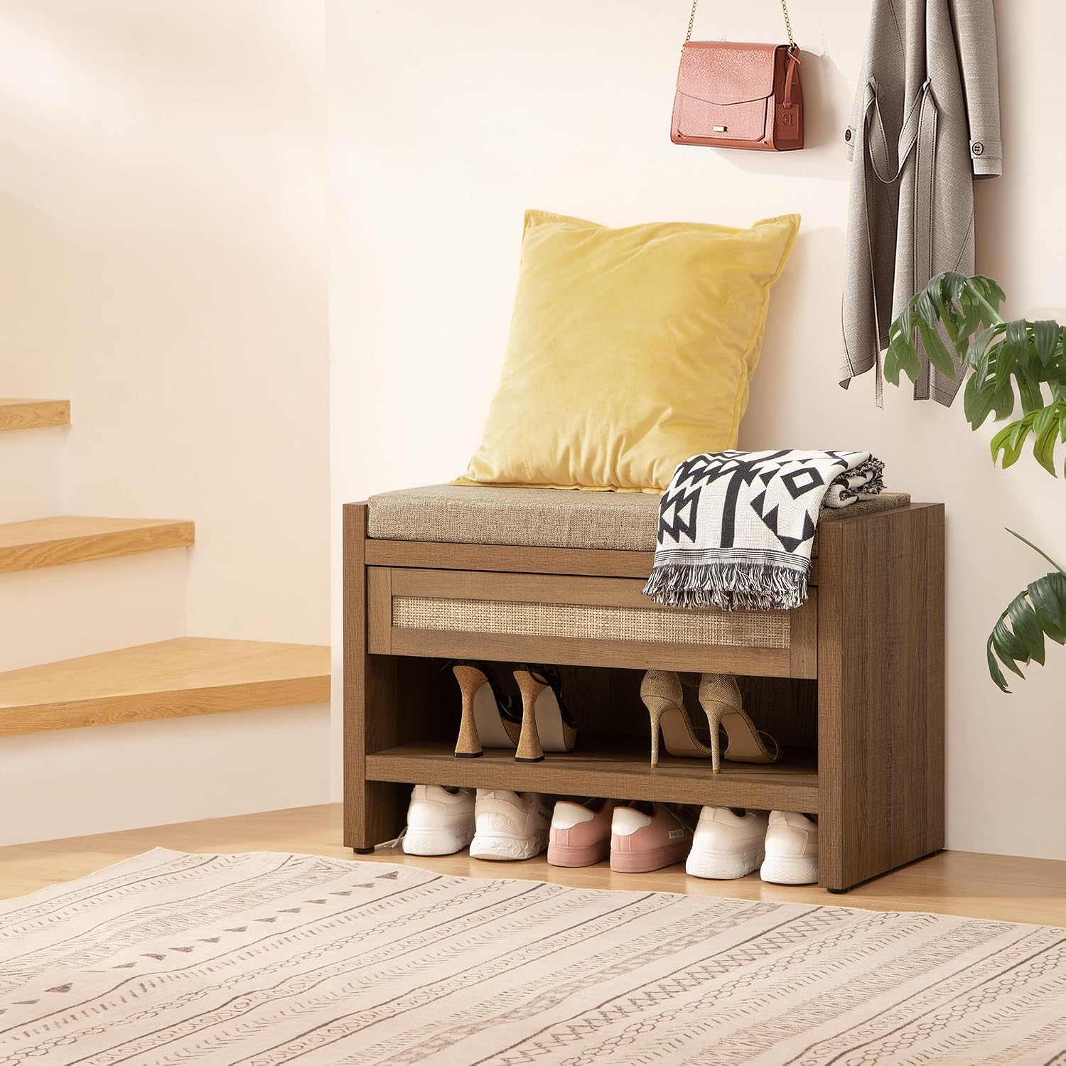 SICOTAS Rattan Shoe Bench Entryway Bench with Storage Drawer, Linen Cushion | Farmhouse Boho Shoe Rack with Shelf, Wooden Storage Bench for Entryway Hallway and Bedroom, Caramel Oak