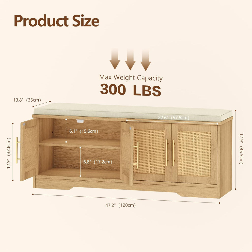 Rattan Shoe Storage Bench, 47.2" Wide Entryway Bench, Natural Oak | 2 Tier Shoe Bench with Padded Cushion, Hidden Shoe Rack Bench with Adjustable Shelves, for Hallway Living Room, Bedroom