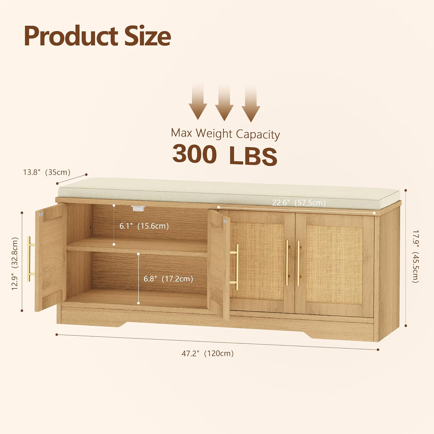 Rattan Shoe Storage Bench, 47.2" Wide Entryway Bench, Natural Oak | 2 Tier Shoe Bench with Padded Cushion, Hidden Shoe Rack Bench with Adjustable Shelves, for Hallway Living Room, Bedroom