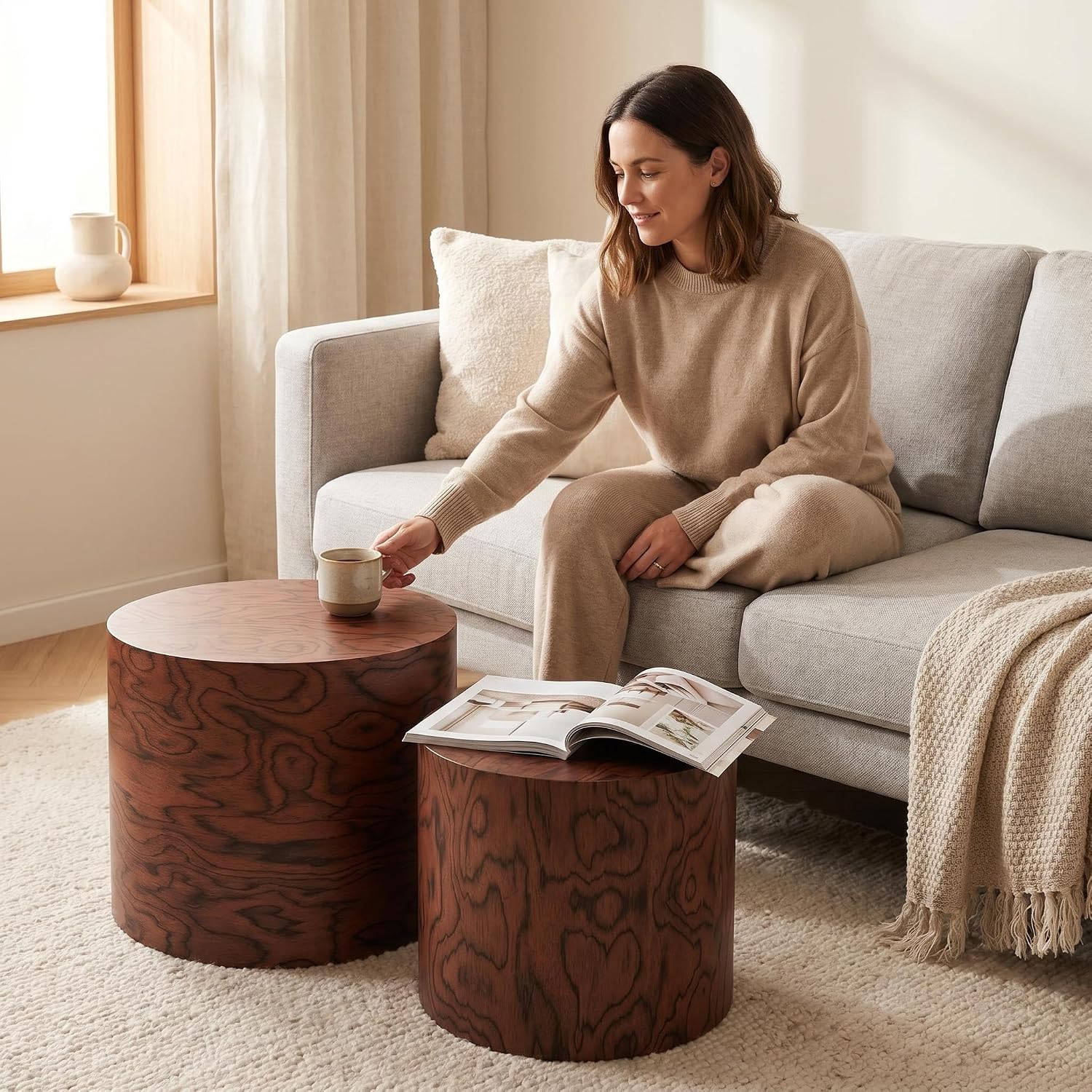Round Nesting Coffee Table Set of 2, Modern Circle Accent End Table | Wooden Side Table, Small Drum Center Table, Natural Swirl Grain Rustic Side Set for Living Room, Small Space, No Assembling