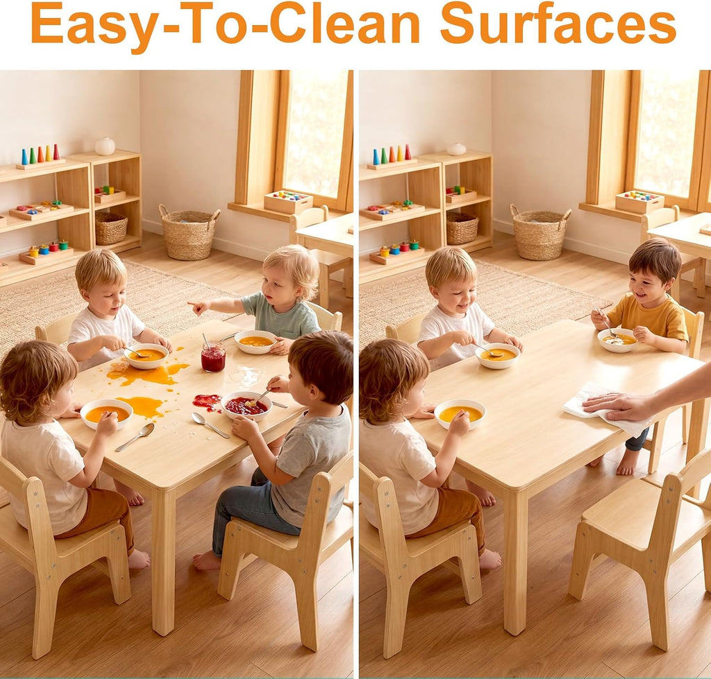Toddler Table and Chair Set, Anti-Slip Legs & Rounded Corners, Sturdy Wooden Kids Table and Chairs for Eating, Learning and Playtime【44.3inch L*21.65 inch W】(1 Table and 4 Chairs)