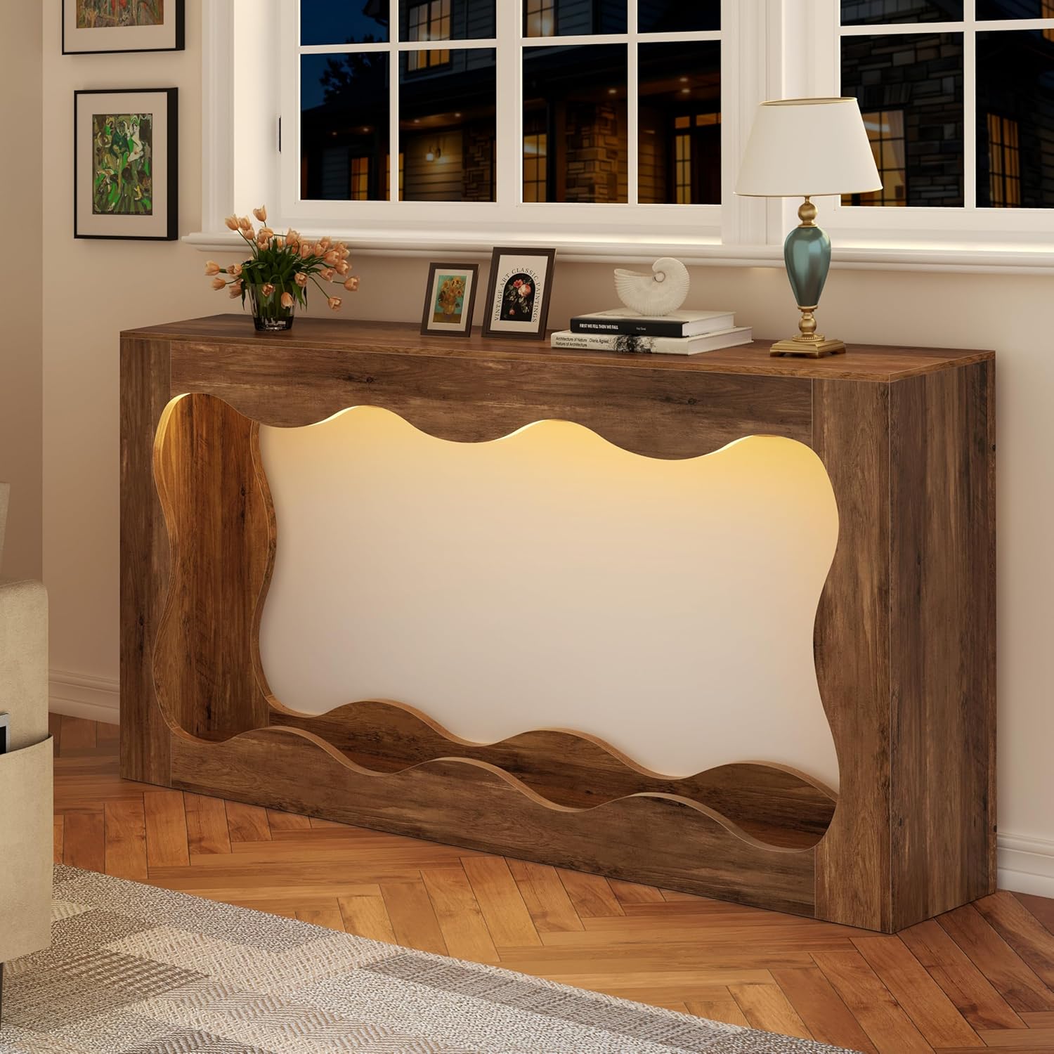 Vongrasig 63-Inch Farmhouse Entryway Table with Light Strips, Scalloped Console Table with Built-in Storage, Narrow Long Behind Couch, Wooden Curvilinear Sofa Table for Entrance, Hallway, Brown