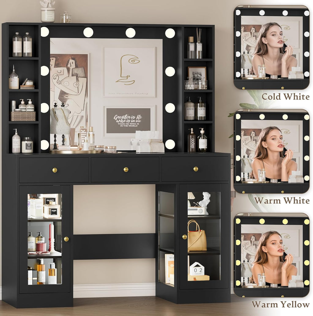 Wodeer Makeup Vanity Desk with Mirror and Lights, Black Vanity with Glass Top, LED Lights & Power Outlet, 3 Drawers & 2 RGB Glass Cabinets, Adjustable Lighted Dressing Table for Women & Girls Bedroom